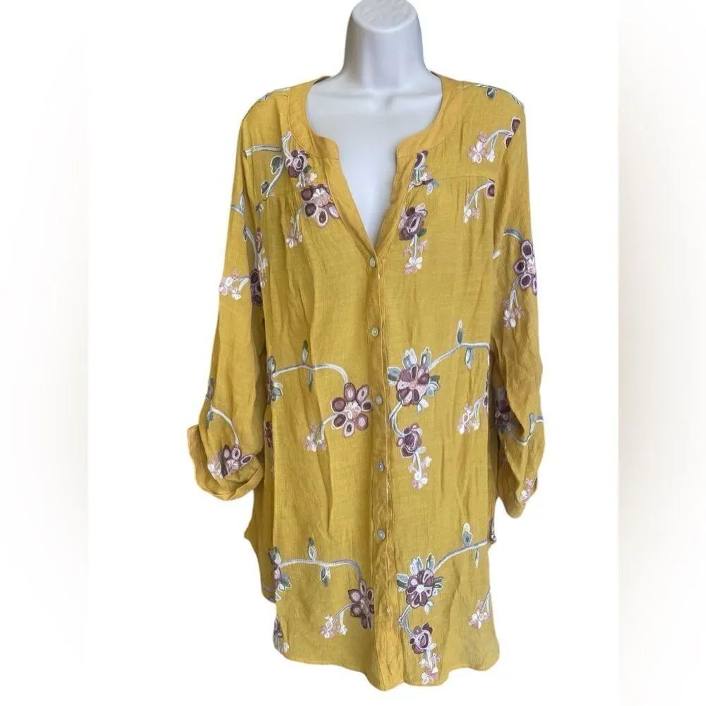 Anthropologie x Fig & Flower yellow embroidered floral button-down shirt plus XL